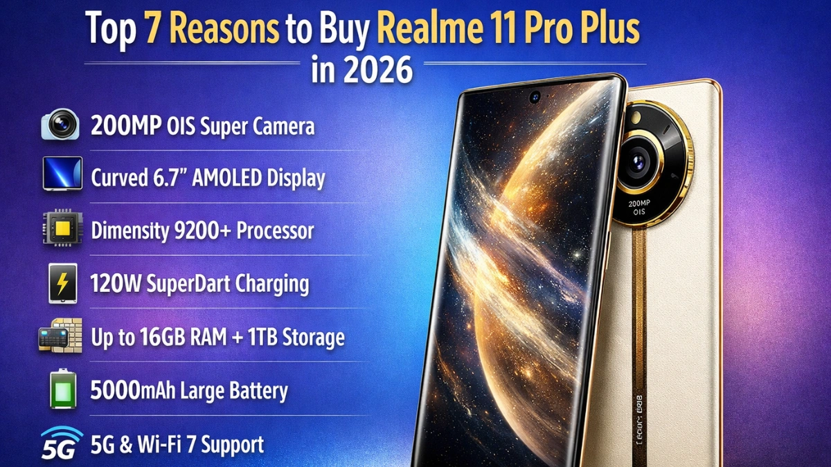 Realme 11 Pro Plus smartphone showcasing premium curved display, 200MP camera, and sleek design in 2026