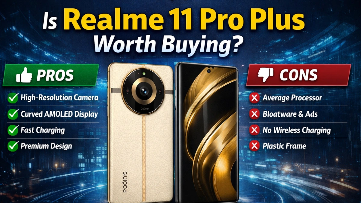 Realme 11 Pro Plus smartphone showcasing premium curved AMOLED display and 200MP camera design