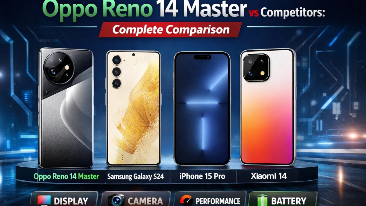 Oppo Reno 14 comparison showcasing Oppo Reno 14 Master side by side with competing smartphones, highlighting design, camera, performance, and features