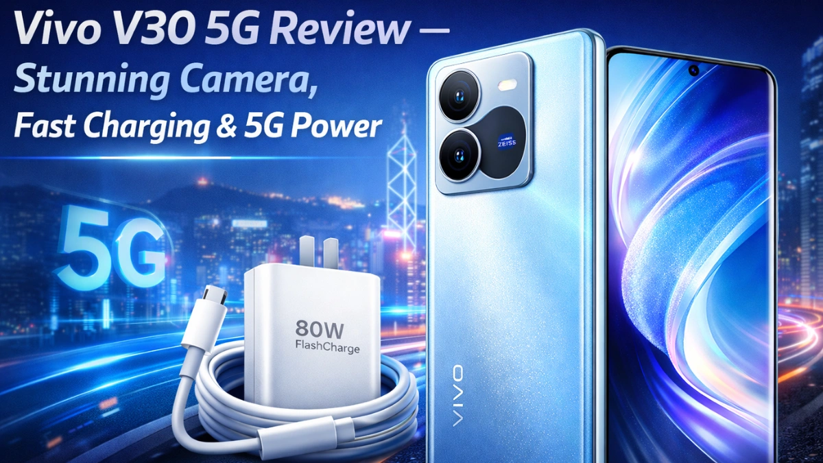 Vivo V30 5G smartphone showcasing stunning camera design, 80W fast charging support, AMOLED display and powerful 5G performance