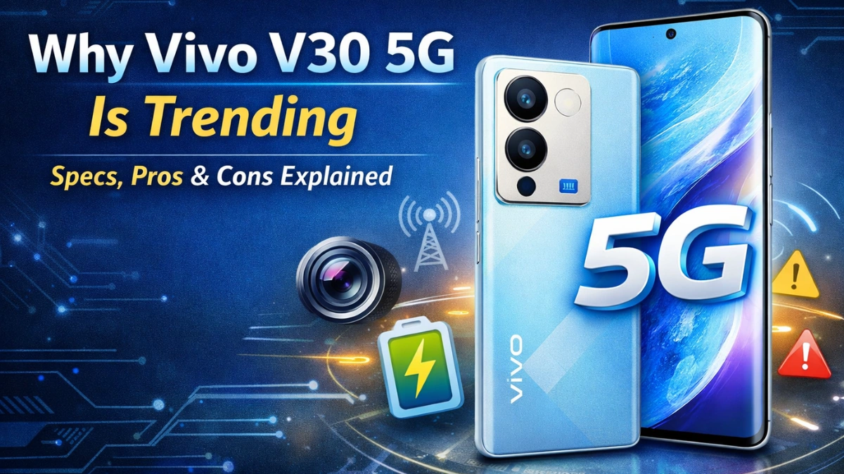 Vivo V30 5G smartphone showcasing premium design with curved AMOLED display, advanced camera setup, and 5G connectivity highlighting specs, pros and cons