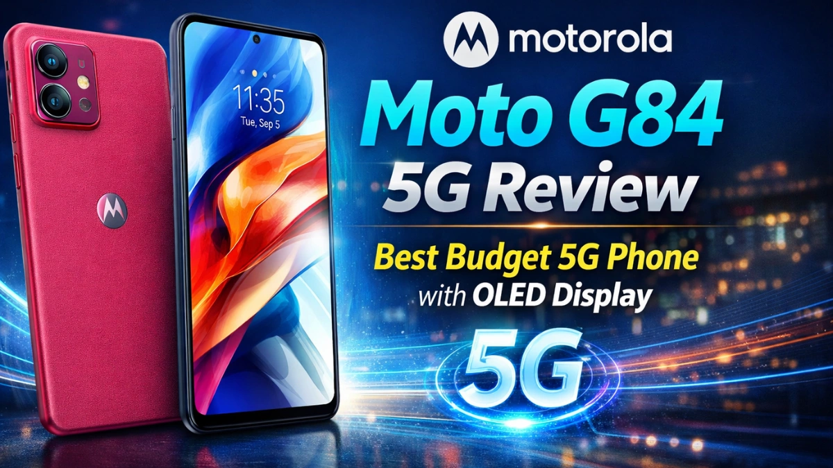 Motorola Moto G84 5G smartphone showcasing vibrant OLED display and premium vegan leather design in budget 5G review banner