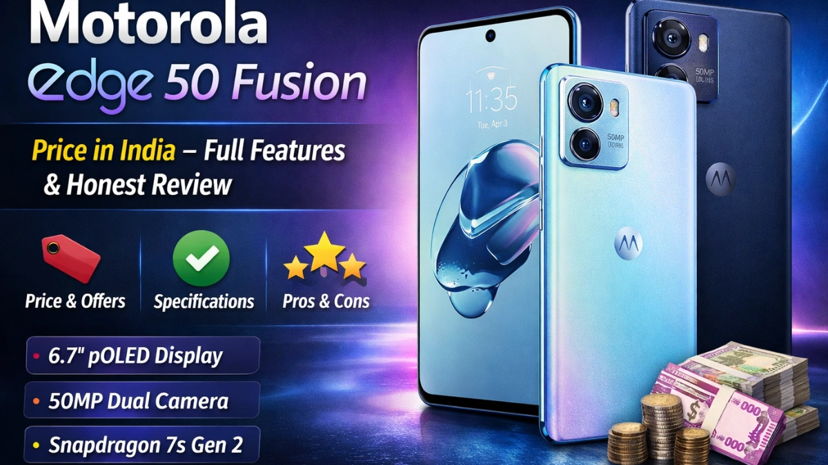 Motorola Edge 50 Fusion smartphone showcasing premium curved pOLED display, sleek design, and advanced camera setup