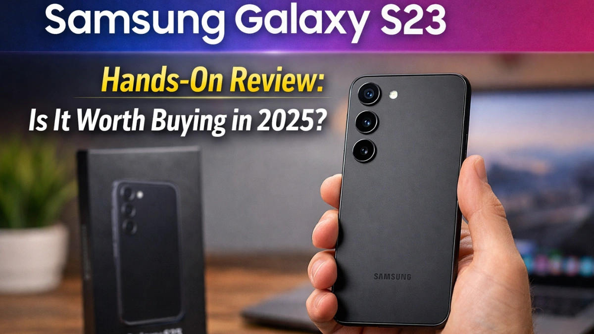 Samsung Galaxy S23 hands-on review showing premium design, compact form factor, and flagship features in 2025