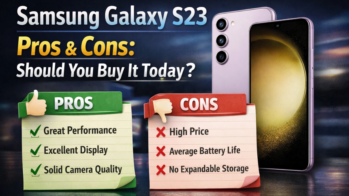 Samsung Galaxy S23 smartphone showcasing premium design and compact form factor, highlighting key pros and cons to help decide if you should buy it today