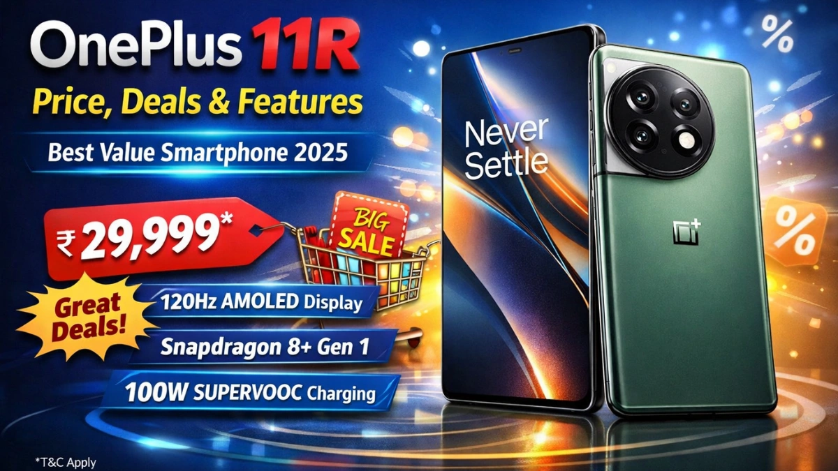 OnePlus 11R smartphone showcasing its sleek design, camera, and display