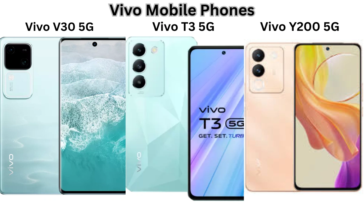 Vivo Mobile lineup featuring Vivo V30 5G, Vivo T3 5G, and Vivo Y200 5G smartphones with modern design