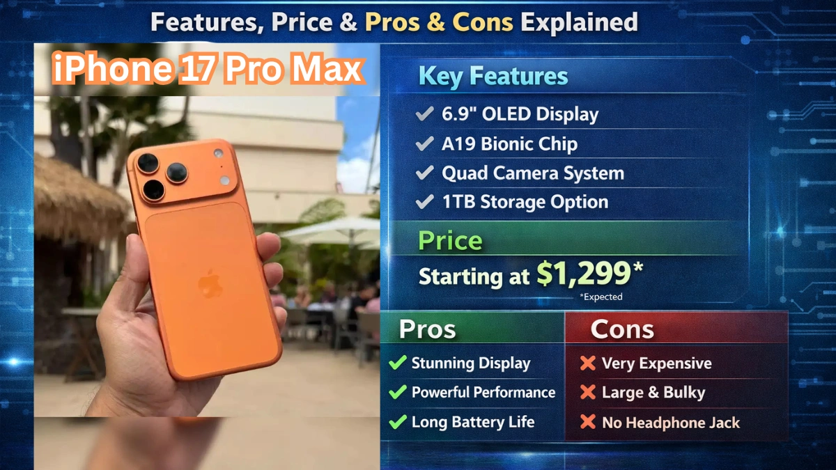 iPhone 17 Pro Max showing premium design and advanced features with detailed price, pros and cons overview